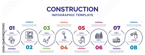infographic template with icons and 8 options or steps. infographic for construction concept. included grinder, sweeping broom, short shovel, adjusment system, , tipper, wood saw icons.