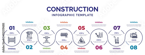 infographic template with icons and 8 options or steps. infographic for construction concept. included road barrier, hydraulic breaker, garden fence, working, cement, trolley with cargo, backhoes