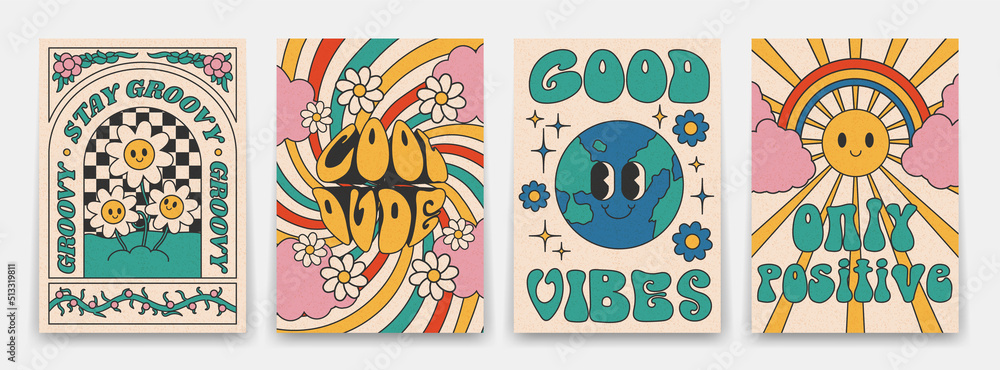 Groovy posters 70s. Retro poster with psychedelic characters, sun rays and rainbow, flowers, vintage prints, isolated - obrazy, fototapety, plakaty 