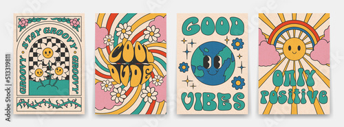 Groovy posters 70s. Retro poster with psychedelic characters, sun rays and rainbow, flowers, vintage prints, isolated photo