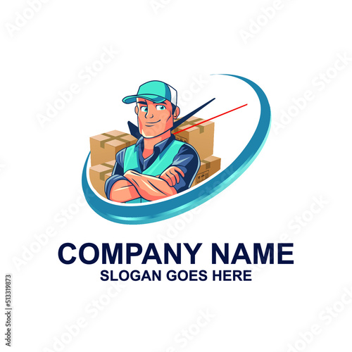 Delivery logo template. Courier vector illustration. Flat logistic cartoon logo design. People bring packages logo for shipping service companies