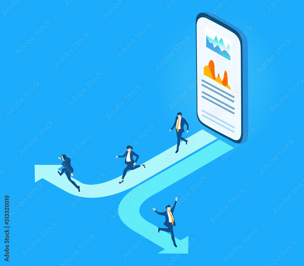 Business people running towards the arrow sign, make decisions, solving the problems, making decisions and progress. Isometric environment illustration Business people running towards the arrow sign, make decisions, solving the problems, making decisions and progress. Isometric environment illustration
