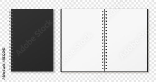 Mockup blank open and closed notebook  isolated on white background. Grunge spiral copybook or organizer.
