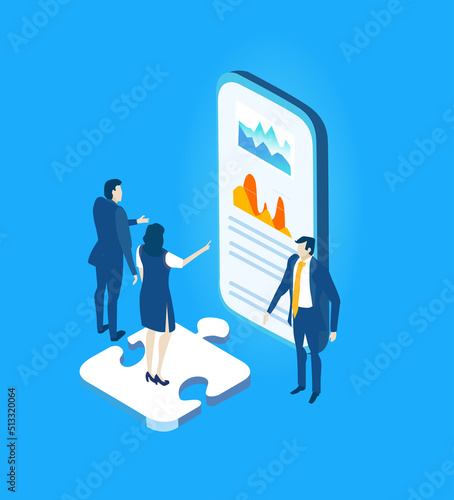 Business people working together in big open space office, solving the problems, making decisions and progress. Isometric environment  illustration