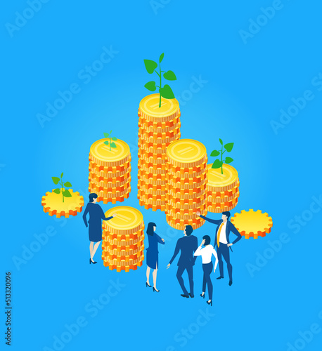 Money, banking, investment strategy and financial advisory I isometric business illustration.  Business people, banker working hard towards the success. 