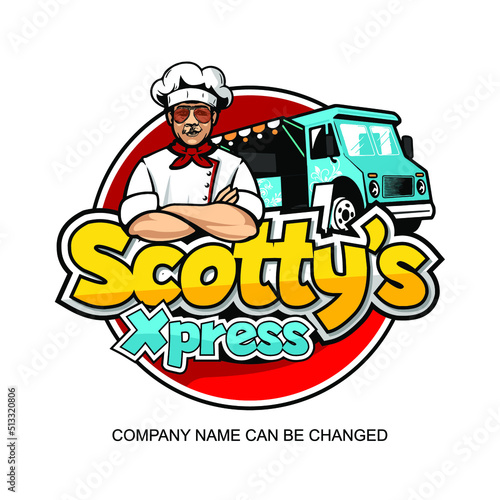 Mobile food truck with chef Vector illustration, editable company name
