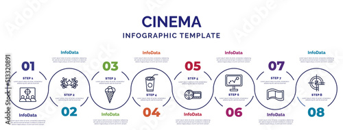 infographic template with icons and 8 options or steps. infographic for cinema concept. included cinema audience, stripped ice cream cone, papper cup with straw, film reel playing, animation, film