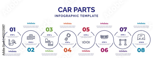 infographic template with icons and 8 options or steps. infographic for car parts concept. included car air bag, car mud flap, piston, parking light, cowl, torsion bar, windscreen icons.