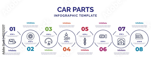 infographic template with icons and 8 options or steps. infographic for car parts concept. included car starter, car petrol gauge, choke, coil, wing mirror, ammeter, brake light icons.