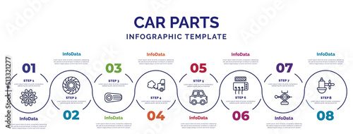 infographic template with icons and 8 options or steps. infographic for car parts concept. included car sprocket, car reversing light, exhaust, hard top, demister, jack, sump icons.