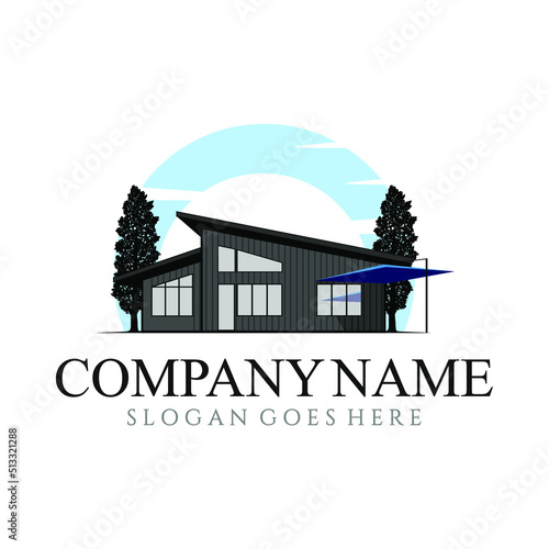 Hand drawn villa. modern private residential house. black and white sketch illustration