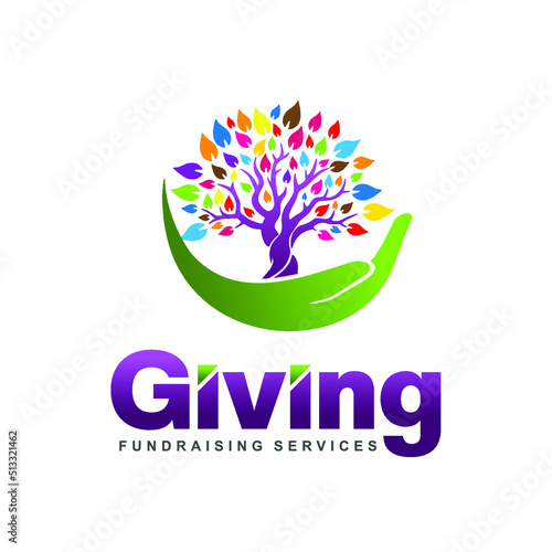 logo communitree, community and non profit with hand and leaf vector
