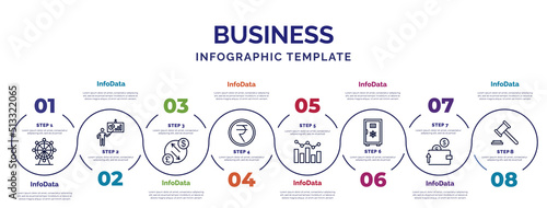 infographic template with icons and 8 options or steps. infographic for business concept. included big wheel, currency exchange, nepalese, graphs, big safe, purpose of saving money, punishment