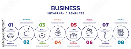 infographic template with icons and 8 options or steps. infographic for business concept. included basic burger, structure, hierarchical order, briefcase, give money, black tie, tones icons.