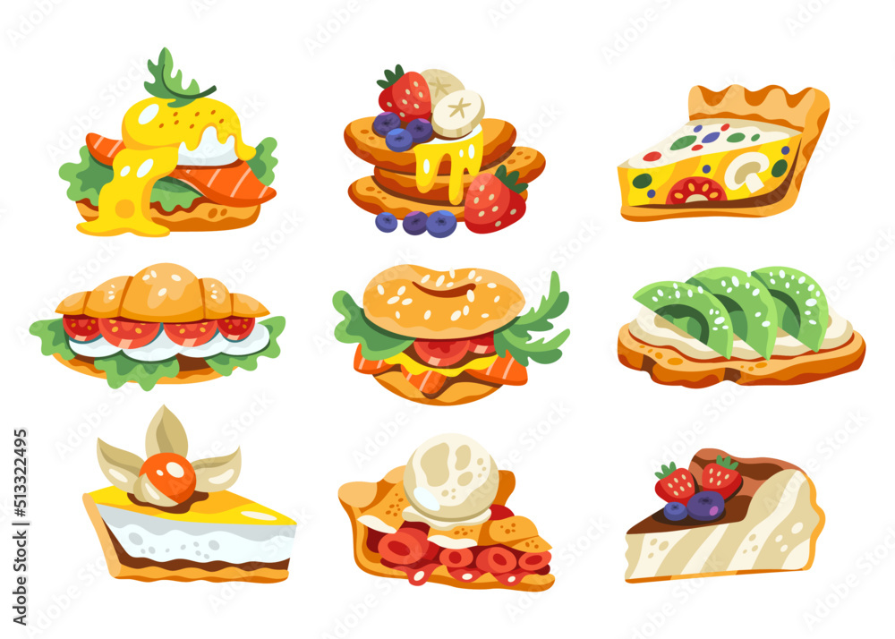 Set of vector illustration of delicious food. Pack of icons, stickers, social media, menu. Blue, orange, brown, beige, yellow, red, green colors. Hand drawn cartoon flat vector illustration
