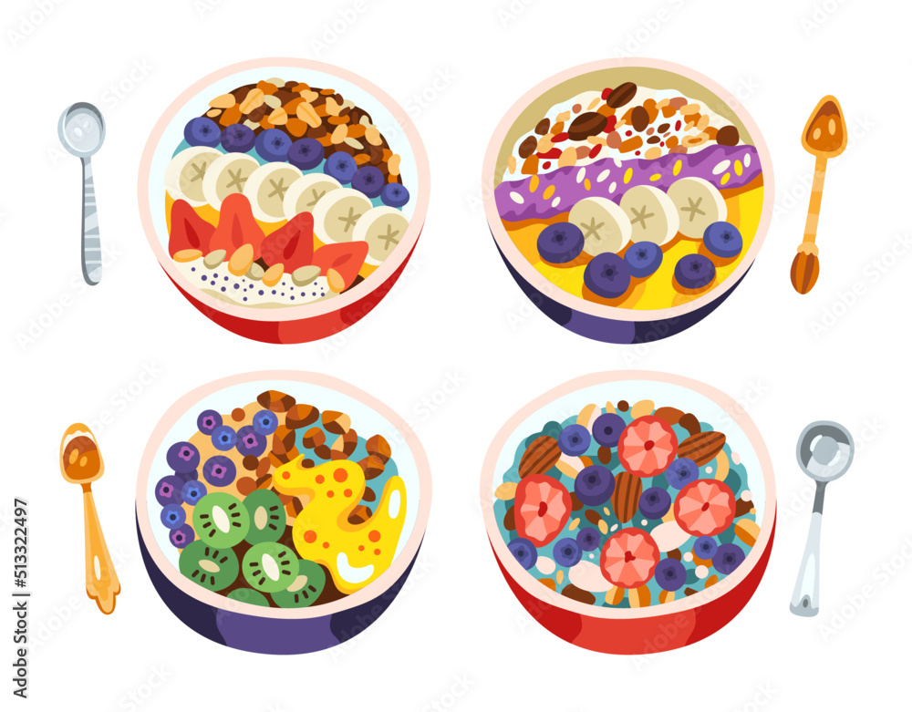 Set of vector illustration of delicious granola bowls with fruits and berries. Metal various spoons. Pack of icons, stickers, social media, menu. Hand drawn cartoon flat vector illustration