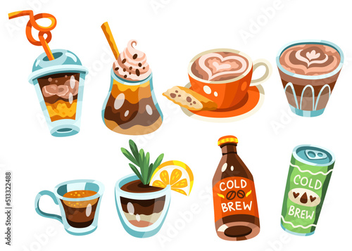 Set of vector illustration of coffee based drinks. Icons, stickers, social media, menu. Blue, orange, brown, beige, yellow colors. Hand drawn cartoon flat vector illustration