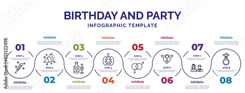 infographic template with icons and 8 options or steps. infographic for birthday and party concept. included birthday rocket, wedding wine, halloween, genders, love lock, wedding couple, wedding