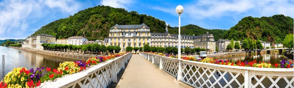 Panorama view from the bridge with blooming flowers to the promenade of Bad Ems at River Lahn in Rhineland-Palatinate,Germany