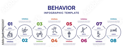 infographic template with icons and 8 options or steps. infographic for behavior concept. included helping a man to climb, man with, man warming up, piggyback a kid, taking a selfie, with flag,