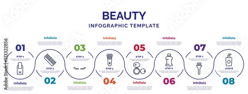 infographic template with icons and 8 options or steps. infographic for beauty concept. included finger with nail, two eyelashes, electric shaver, , mouthwash, tint brush, liquid makeup icons.