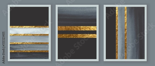 Elegant abstract watercolor wall art triptych. Composition in black, white, grey, gold. Modern design for print,  card, cover, poster. Golden foil lines, grey brush strokes.
