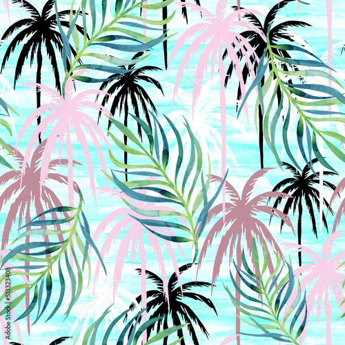 Palm print on blue sea background, seamless tropical pattern