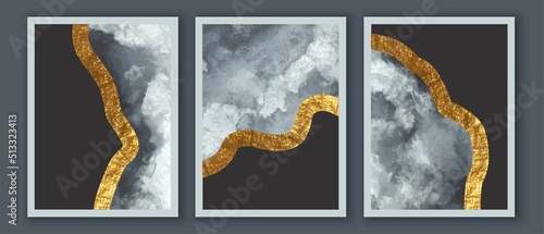 ПечатьElegant abstract watercolor wall art triptych. Composition in black, white, grey, gold. Modern design for print,  card, cover, poster.