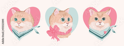 Set of hand drawn british shorthair golden chinchilla. Collection of cute cartoon cat portrait. Vector illustration