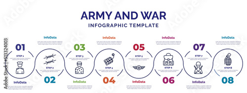 infographic template with icons and 8 options or steps. infographic for army and war concept. included lieutenant, conscription, dynamite, air force, backpack, infantry, granade icons.