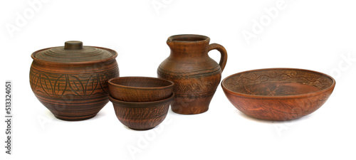 Set of kitchenware utensils of vintage clay pot, jar and dishware on white background