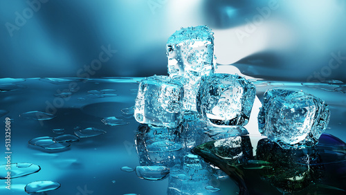 3D rendering of pure water ice cubes melting in slow motion.