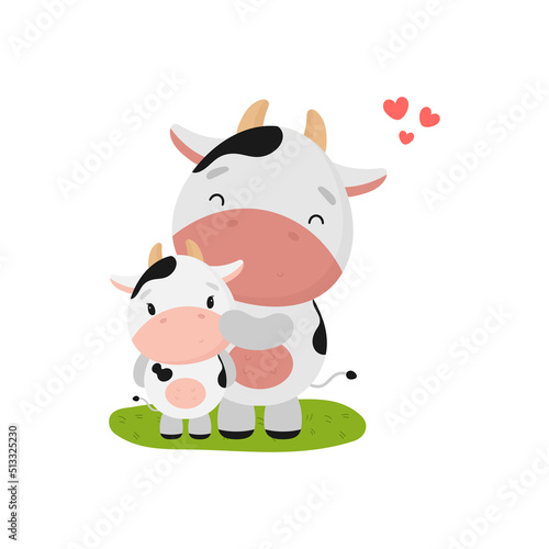 Cute Cow with baby. Cartoon style. Vector illustration. For kids stuff  card  posters  banners  children books  printing on the pack  printing on clothes  fabric  wallpaper  textile or dishes.