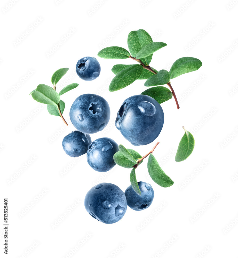 Blueberries with dew drops in the air closeup isolated on a white background Blueberries with dew drops in the air closeup isolated on a white background