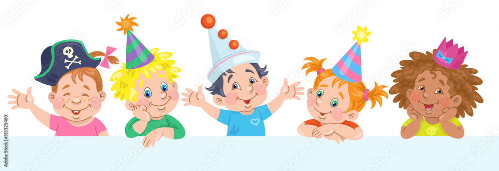 Funny little children in carnival hats. Template for card, poster, banner, invitation in cartoon style. Place for your text. Isolated on white background. Vector illustration Funny little children in carnival hats. Template for card, poster, banner, invitation in cartoon style. Place for your text. Isolated on white background. Vector illustration