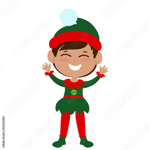 Little cute elf stands straight and smiles cheerfully. Mood of fun, Christmas and holiday. Christmas illustration in cartoon style isolated on white background.