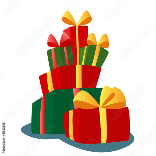 Gifts stacked on top of each other. Boxes of green and red color are tied with a ribbon with a bow. Christmas and holiday illustration isolated on white background.