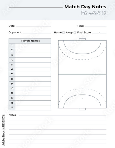 Matchday notes log with handball field diagram