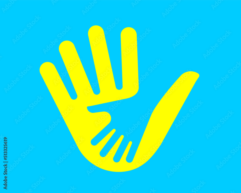 Obraz premium Stop the war in Ukraine. Save and help children. Helping hand in the color of the Ukrainian flag.