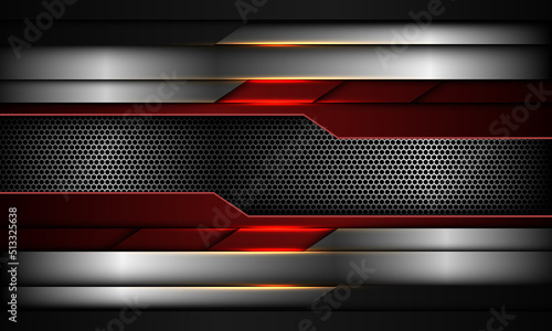 Abstract red silver cyber grey metallic geometric gold light on black hexagon mesh design modern technology futuristic background vector
