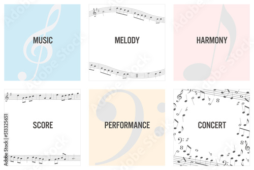 音符, 楽譜の音楽モチーフ 正方形フレームセット ベクターイラスト