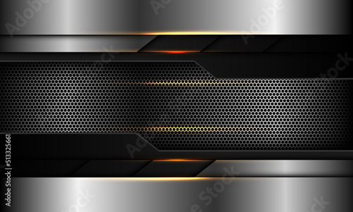 Abstract silver cyber grey metallic geometric gold light on black hexagon mesh design modern technology futuristic background vector