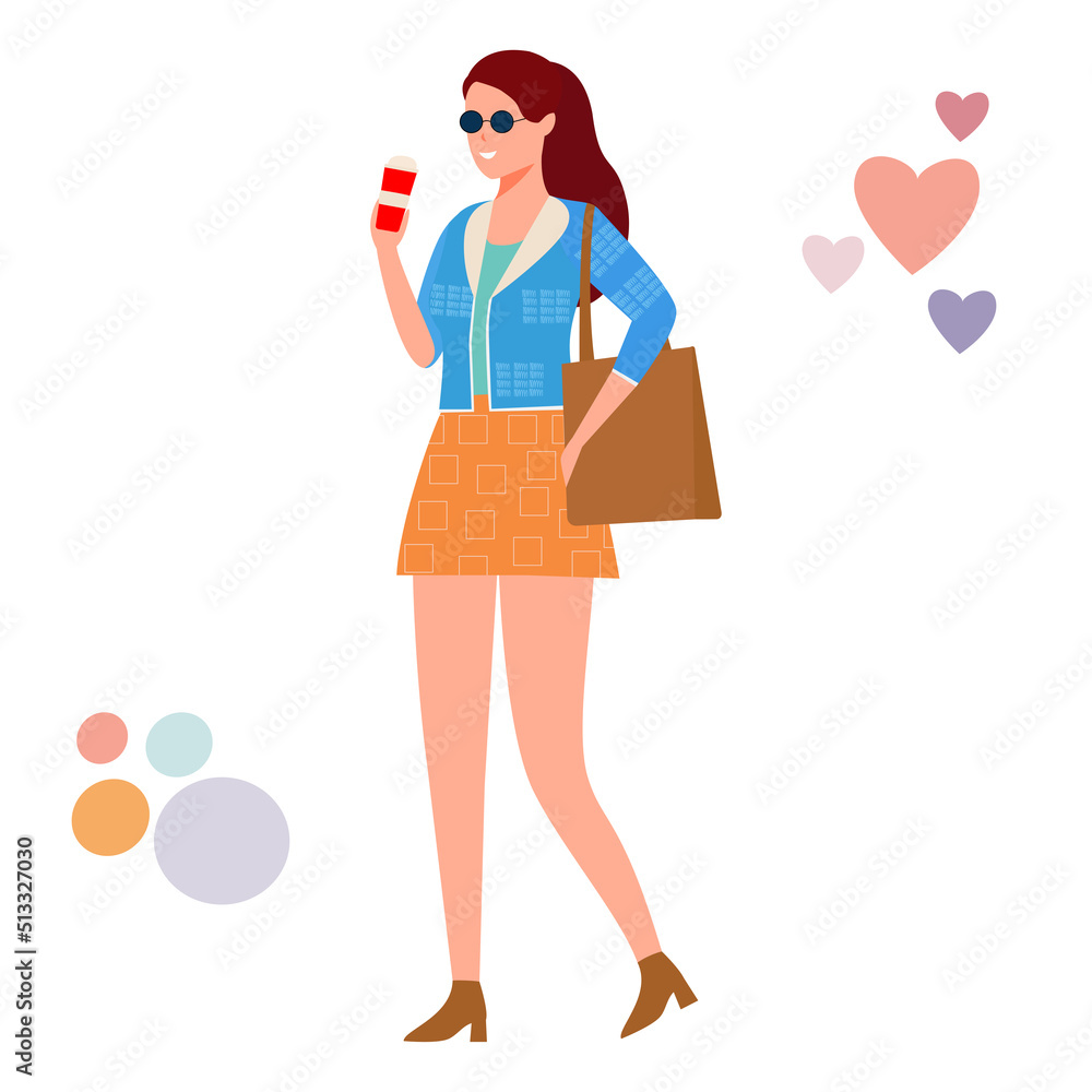 The girl drinks coffee, enjoys a cappuccino drink in a red mug, she is dressed in trendy clothes with a bag on her shoulder. Flat vector illustration on a white isolated background.