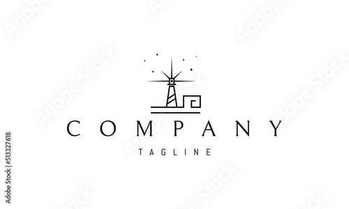 Vector logo on which an abstract image of a lighthouse against the background of waves.