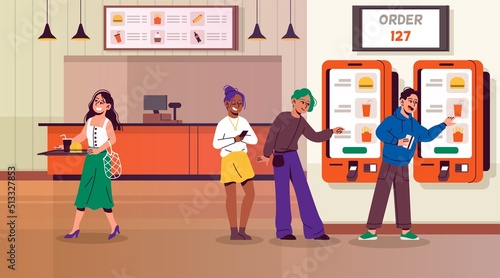 Cafe self service people. Restaurant electronic menu, food ordering, visitors use touchscreen terminal, modern digital self-service atm, paying gadget, charaters queue tidy vector concept photo