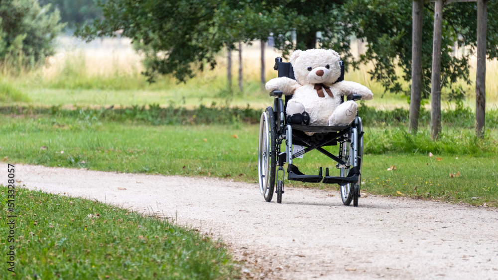 Obraz premium White bear teddy bear sitting on a wheelchair on a green path in a park