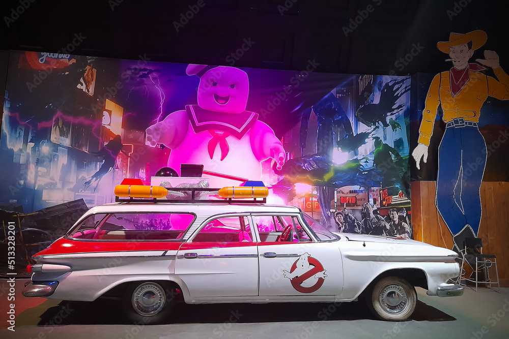 Ghostbusters car ECTO 1 in movie decorations at Route 66 Museum St. Petersburg, Russia, June