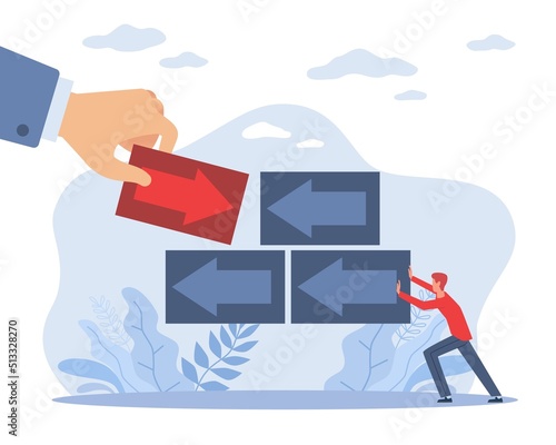 Competition. Hindrances to progress, difficulties in business, life and at work. Man moving arrow, professional ambitions, achieving goal, unequal fight, vector cartoon flat isolated concept