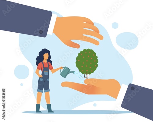 Environmental support. Women watering tree, people planting forest, earth ecosystem, save the planet, ecology global organization. Climate change. Gardener with watering can vector concept