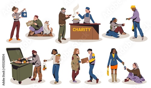 Homeless people help. Poor characters and volunteers, providing assistance and support, hungry person and food distribution, humanitarian donation, social workers tidy vector cartoon flat set